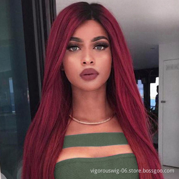 Vigorous Long Straight Red Ombre Hair Wigs Middle Part Silky Straight Synthetic Heat Resistant Wigs for Black Women